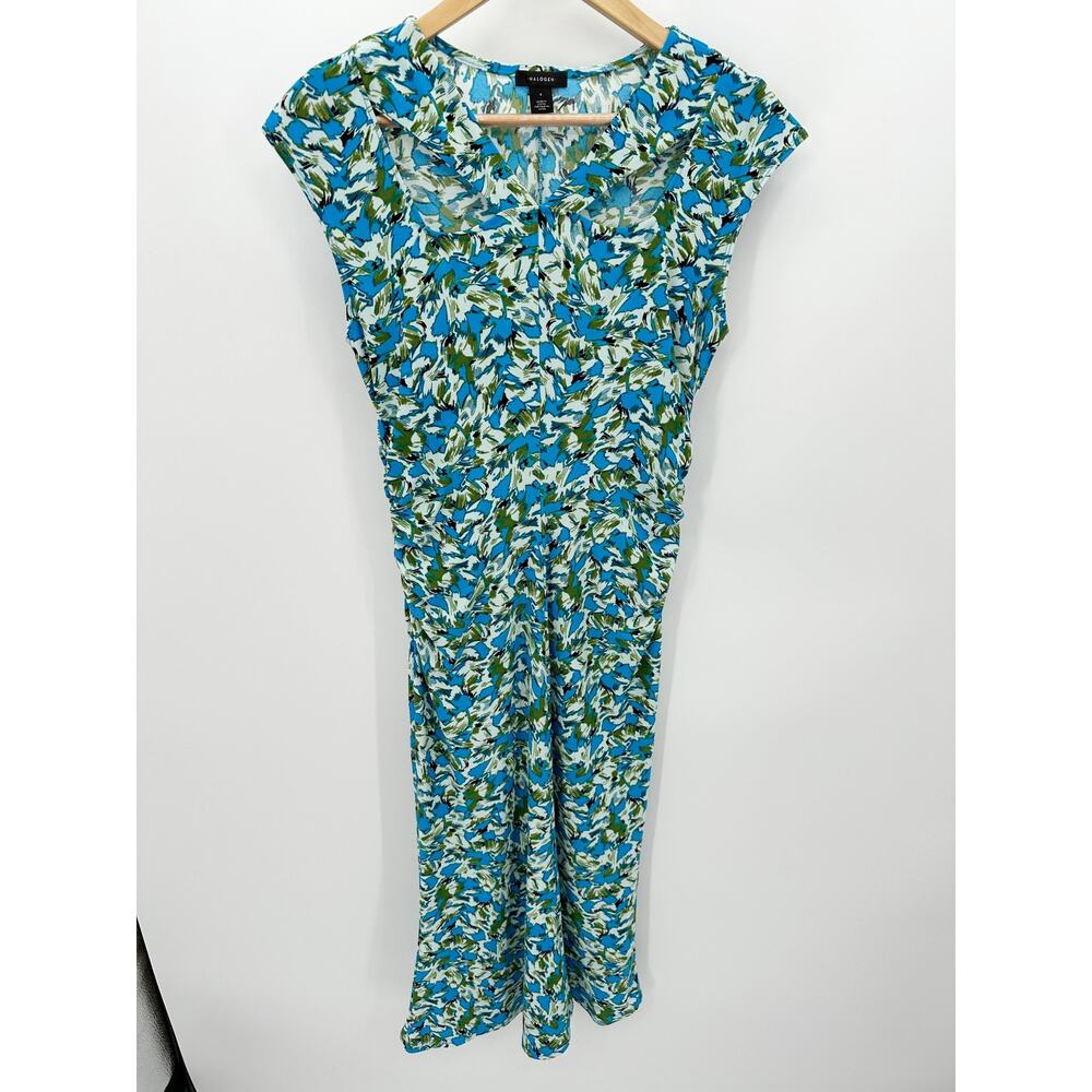 Halogen Blue Green Floral Cap Sleeve Ruched Waist Midi Dress HA469372MI Womens S - Picture 10 of 10